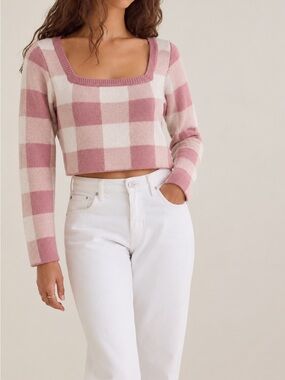 Altar’d State Square Neck Pink Plaid Cropped Sweater